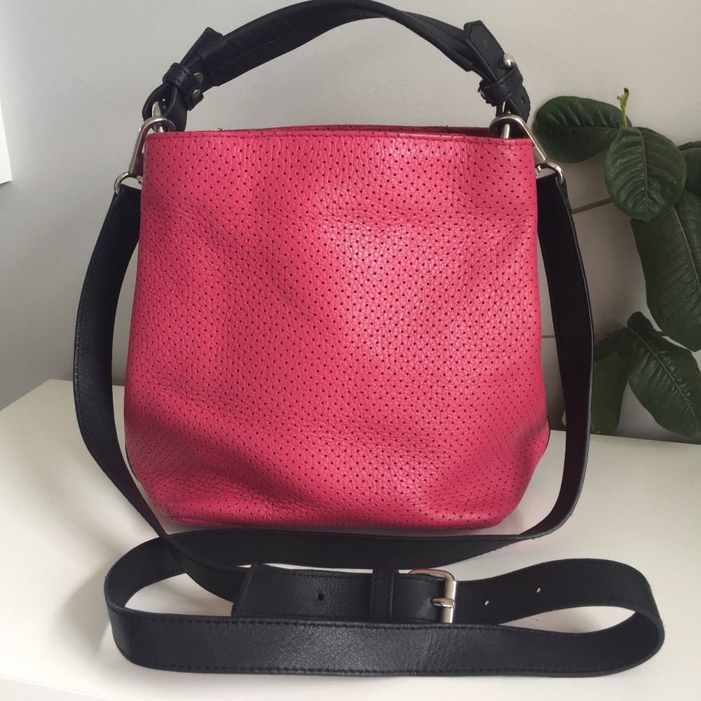 Prune Pink Perforated Leather Crossbody Bag with Black Strap